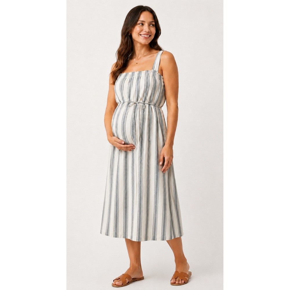 Liz Lange For Target Maternity Dress Women Medium Gray Ivory Stripe Cotton Midi